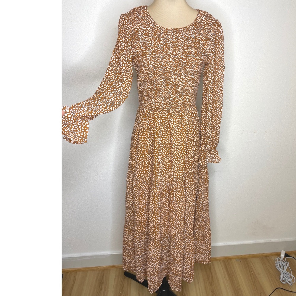 Women Boho Peasant Dress Long Sleeve Smocked Tiered‎ Maxi S Rust Orange